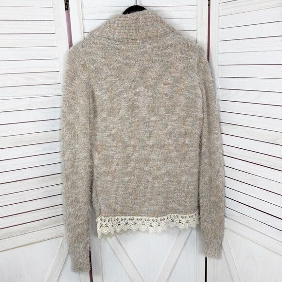 Gimmicks‎ by BKE Eyelash Yarn Lace Trim Cardigan Sweater Tan Multi Small - Picture 11 of 16